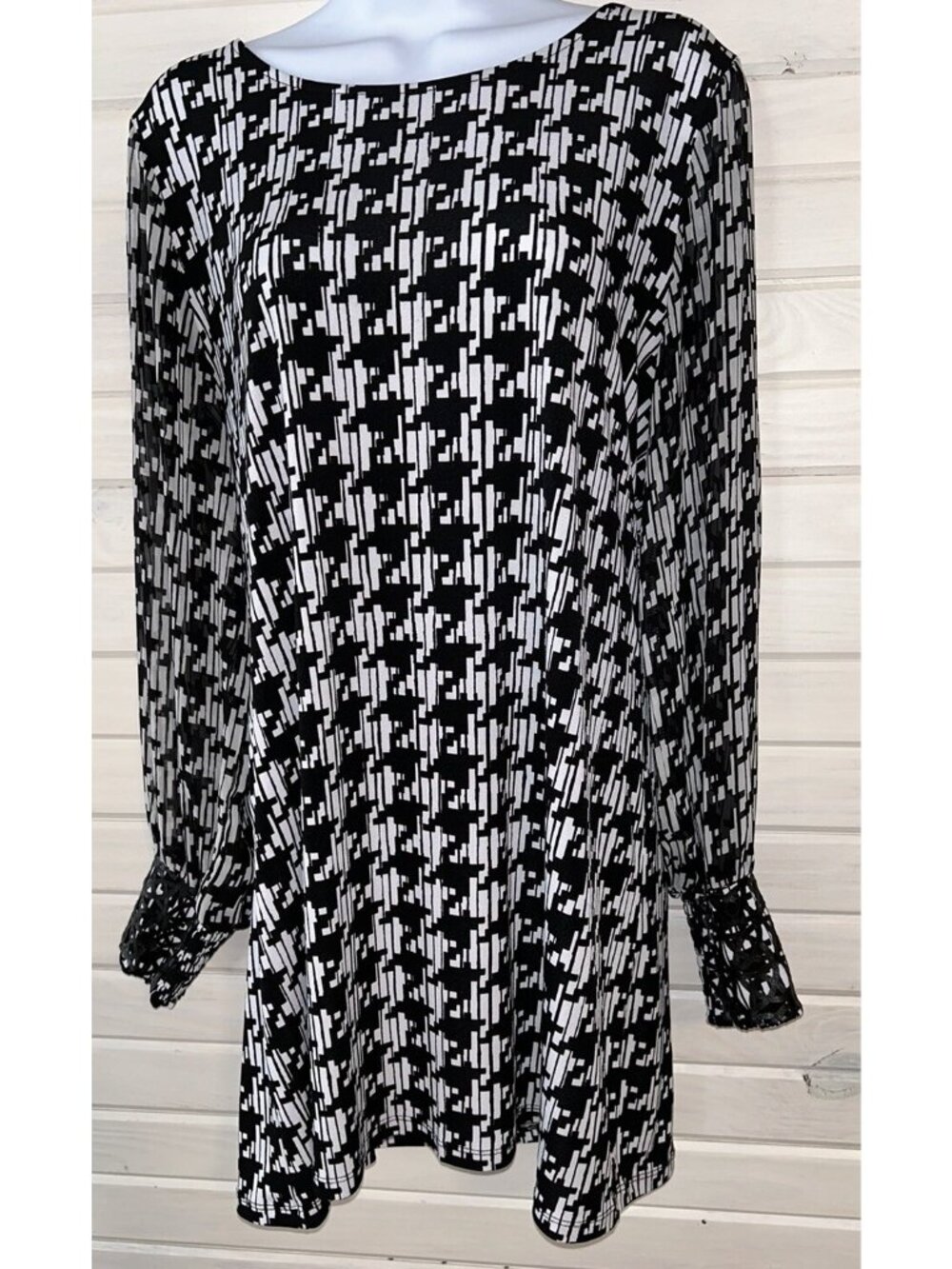 Alfani Sz MEDIUM Black White Houndstooth Blouse Tunic w/ Faux Leather Trim EUC